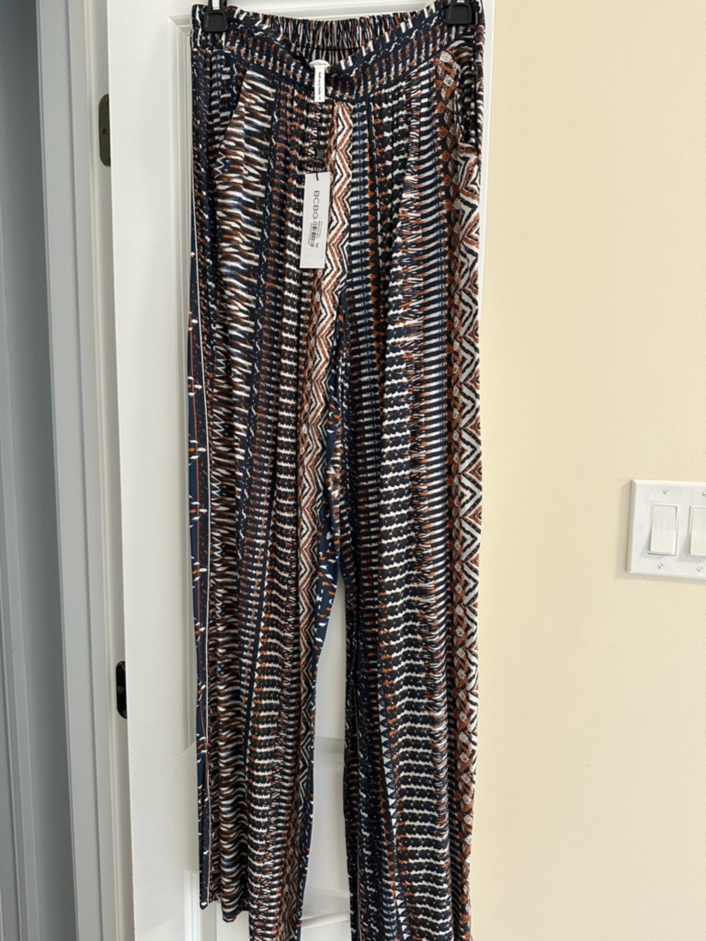 BCBGeneration Navy and Brown Patterned Wide-Leg Pants